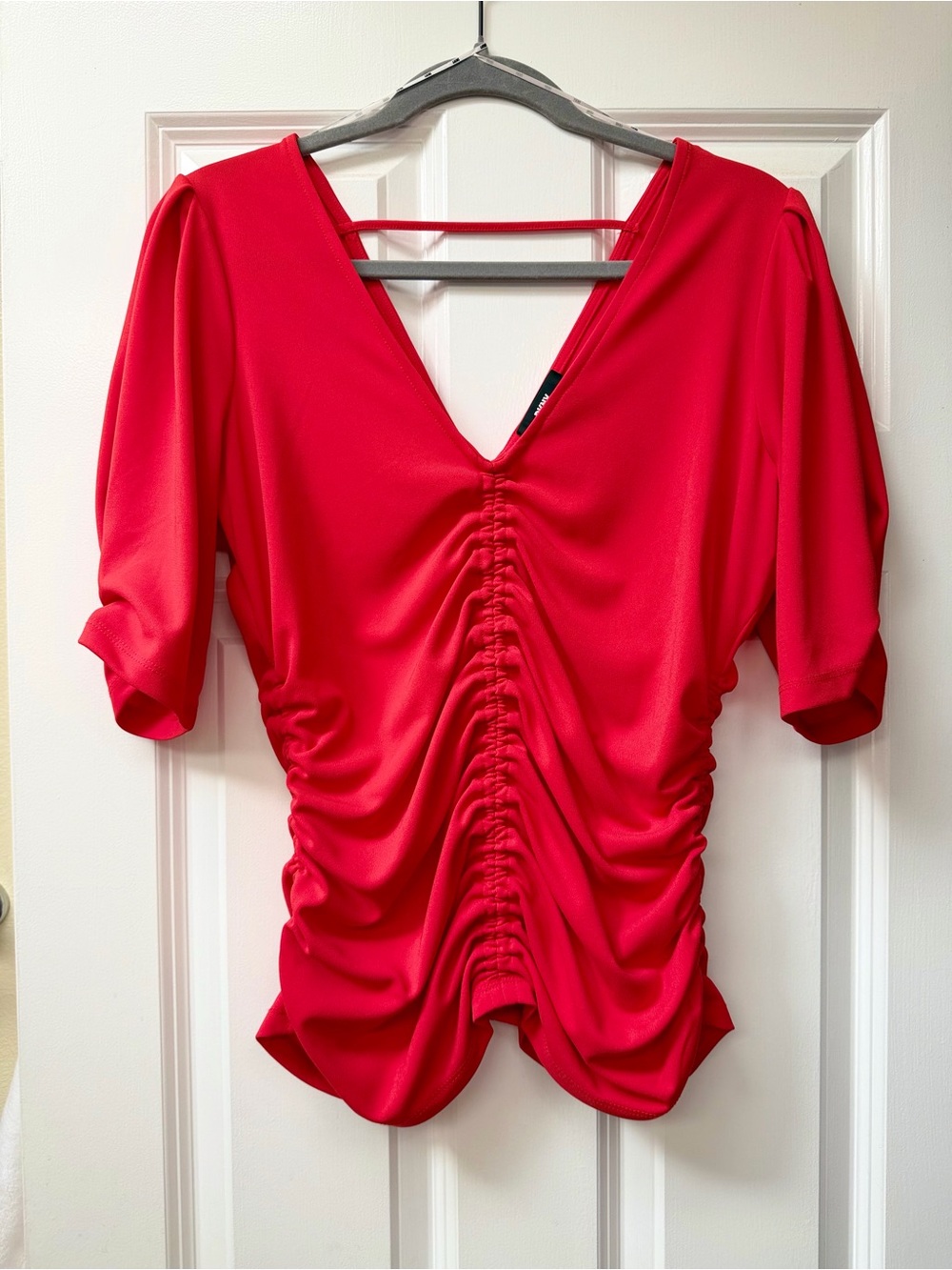 DKNY Bright Red Ruched V-Neck Crop Top